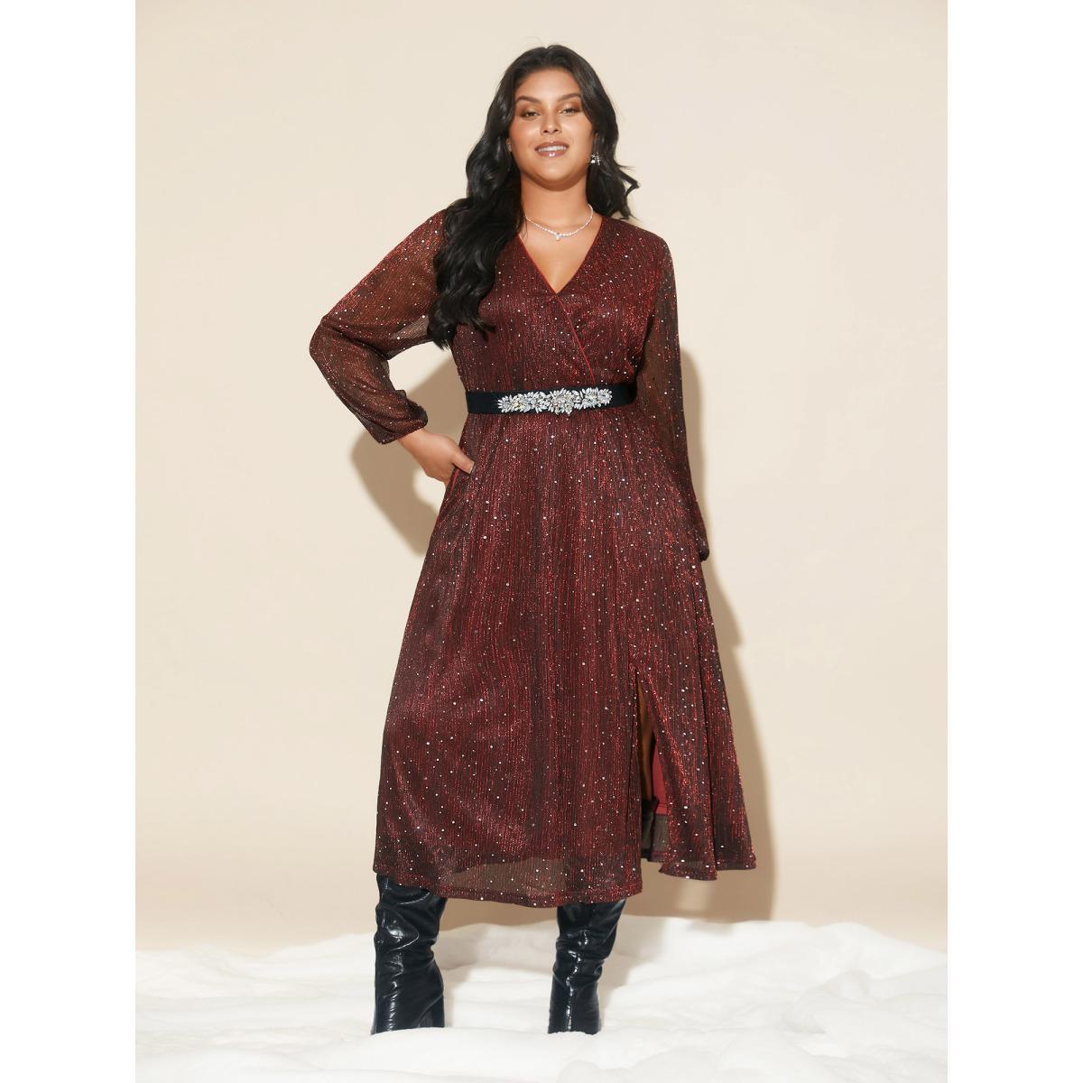 Plus Size Stretchy Gold Foil Surplice Neckline Midi Dress Burgundy Women Cocktail Texture Party Curvy Bloomchic 12/L Product Image