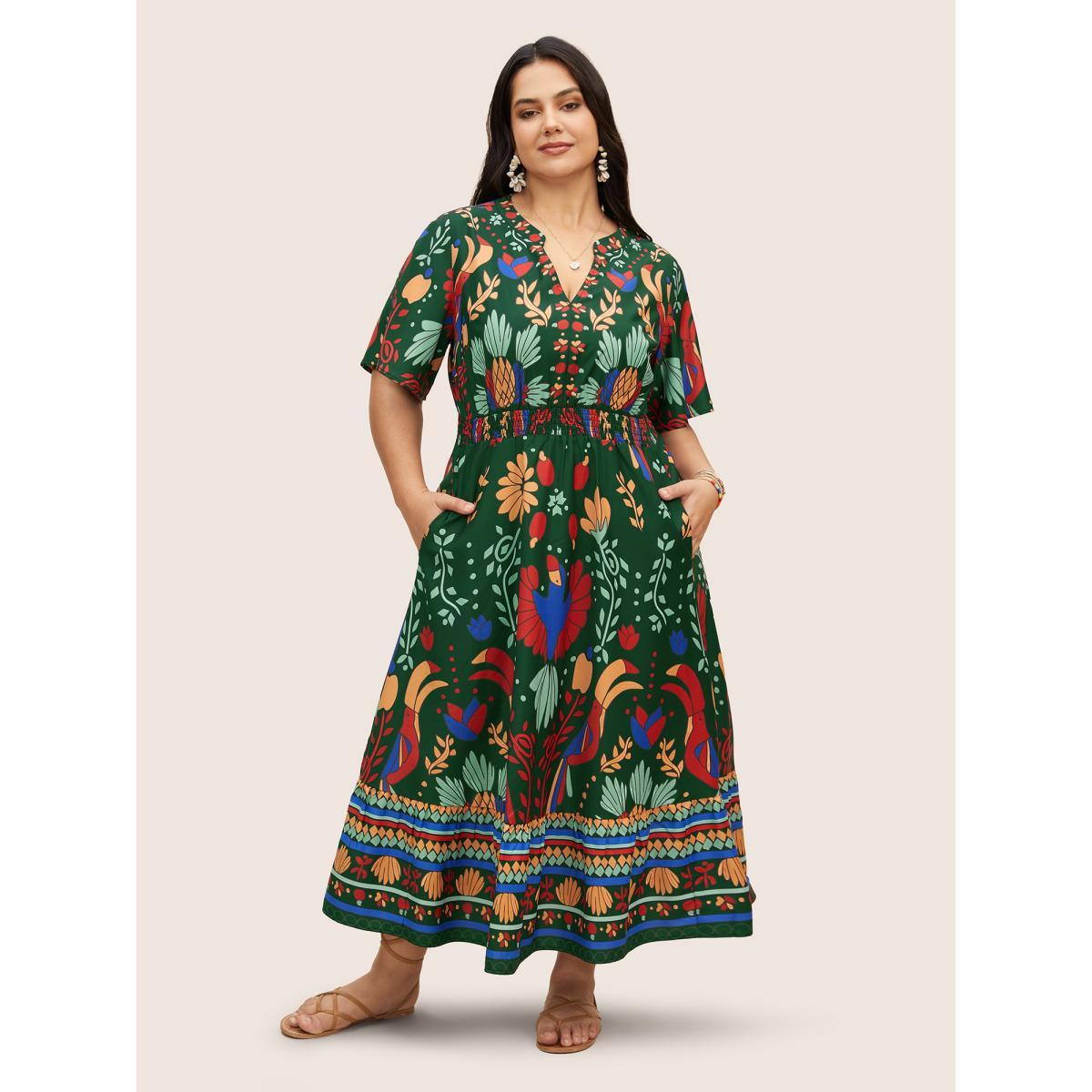 Plus Size Bandana Print Shirred Elastic Waist Flutter Sleeve Dress Black Women Resort Shirred Flat collar with V-notch Short sleeve Curvy BloomChic 10/M Product Image