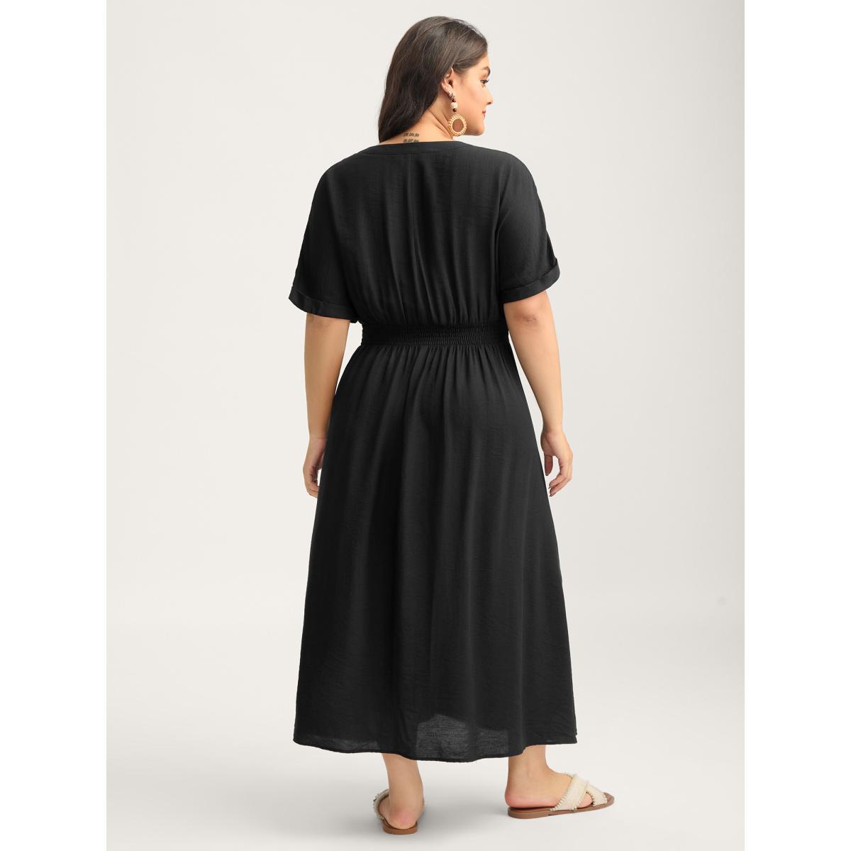 Plus Size Pleated Cinched Waist Solid Midi Dress Black Women V-neck Half Sleeve Curvy BloomChic 14-16/1X Product Image