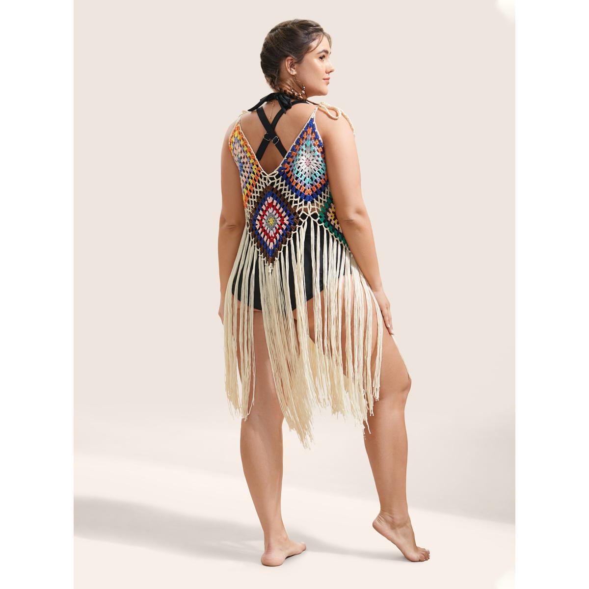Plus Size Geometric Crochet Fringe Hem Swim Cover Up Women's Swimwear Apricot Beach Texture Curve Swim Cover Ups BloomChic 30/6X Product Image