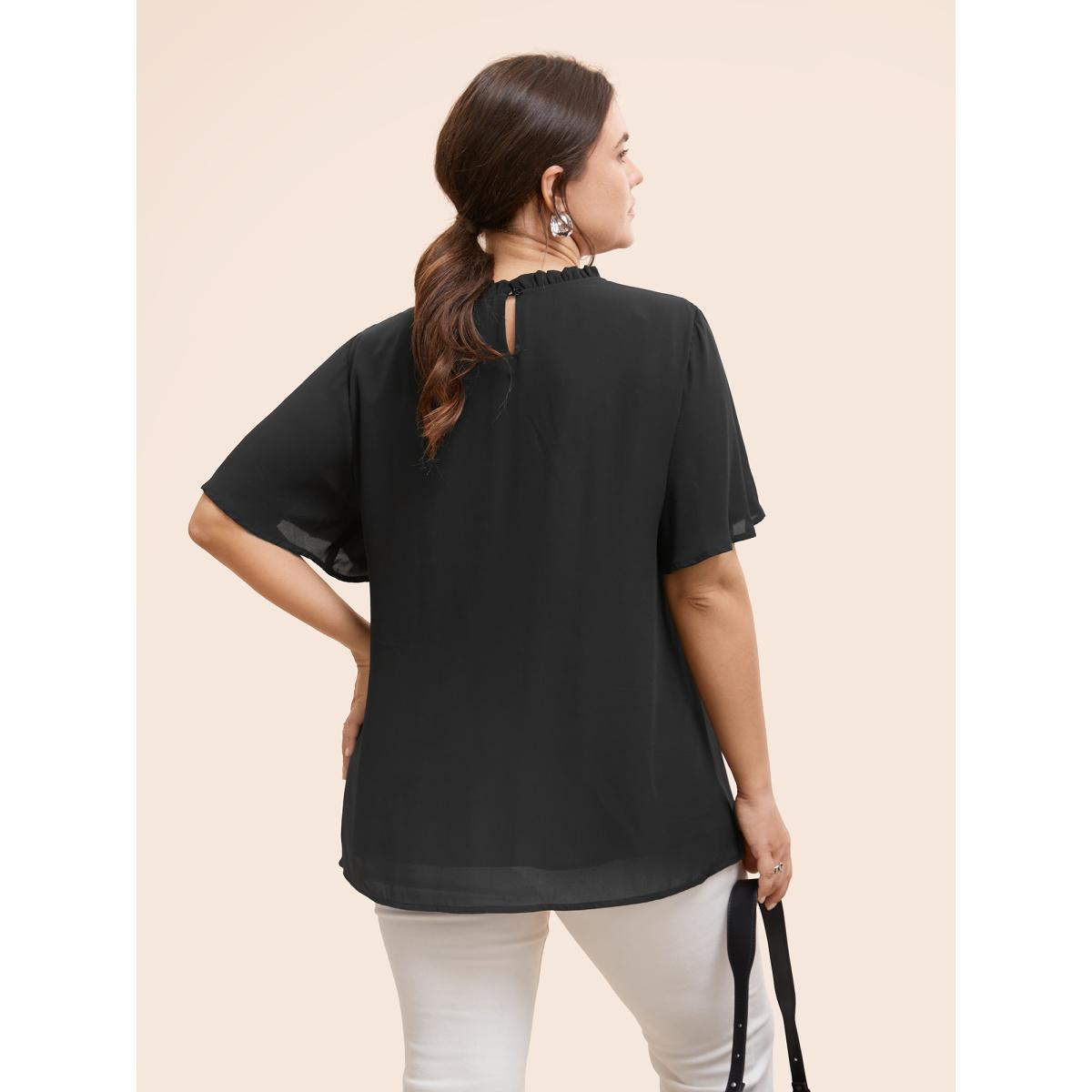 Plus Size Black Anti-Wrinkle Shirred Ruffle Sleeve Mesh Frill Trim Blouse Women Office Short sleeve Stand-up collar Work Blouses BloomChic 14-16/1X Product Image
