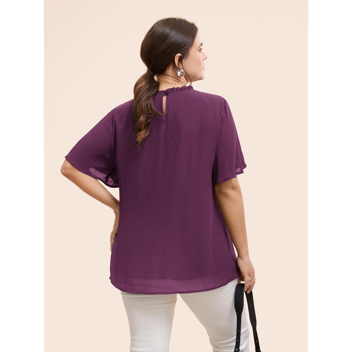 Plus Size DarkGreen Anti-Wrinkle Shirred Ruffle Sleeve Mesh Frill Trim Blouse Women Office Short sleeve Stand-up collar Work Blouses BloomChic 30/6X Product Image