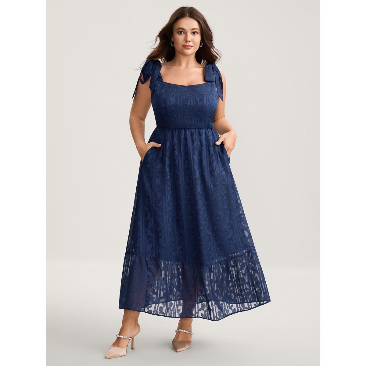 Plus Size Textured Shoulder Tie Cami Midi Dress DarkBlue Women Heart neckline Sleeveless Curvy BloomChic 22-24/3X Product Image