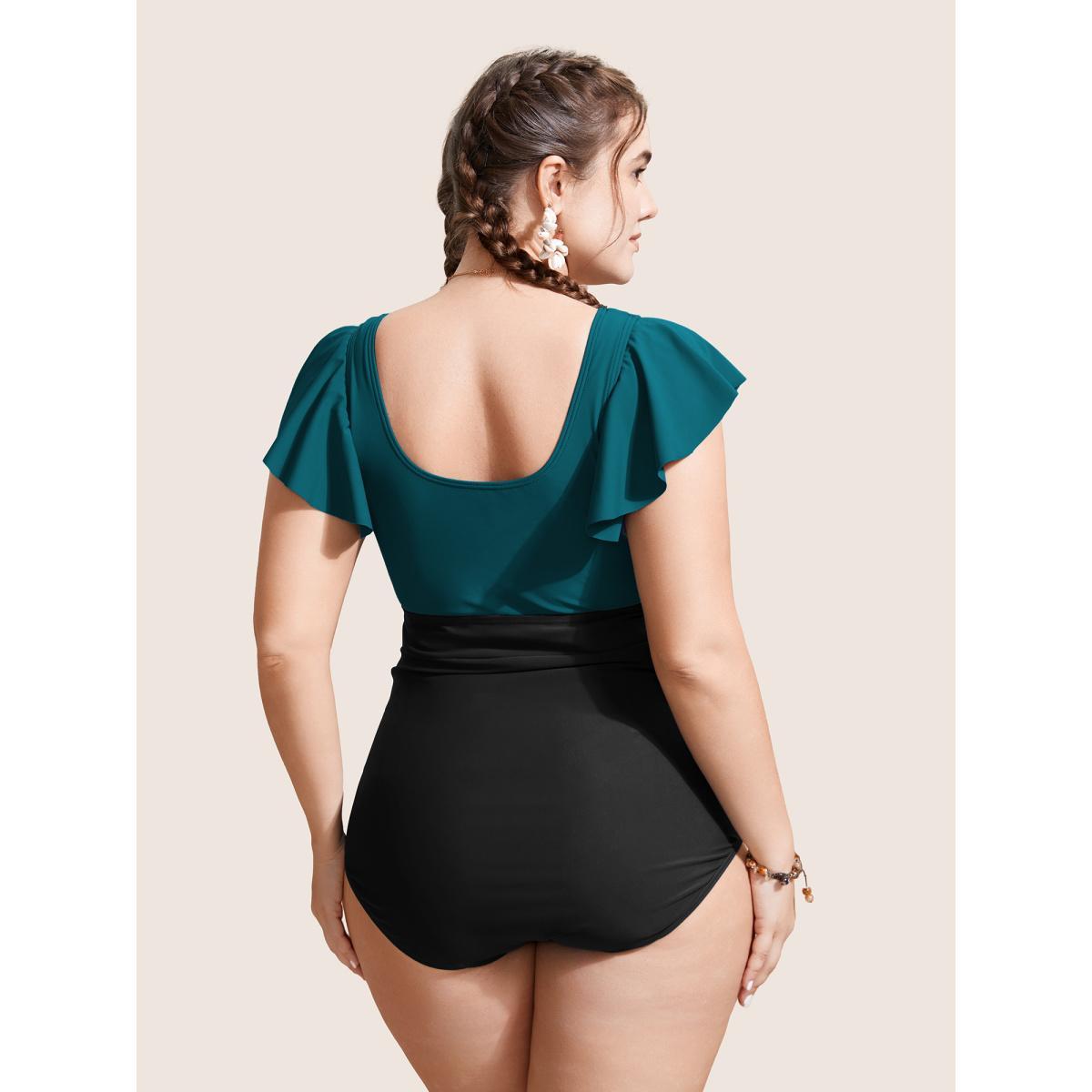 Plus Size Two Tone Gathered Ruffle Sleeve One Piece Swimsuit Women's Swimwear Cyan Beach Twist Curve Bathing Suits High stretch One Pieces BloomChic 12/L Product Image