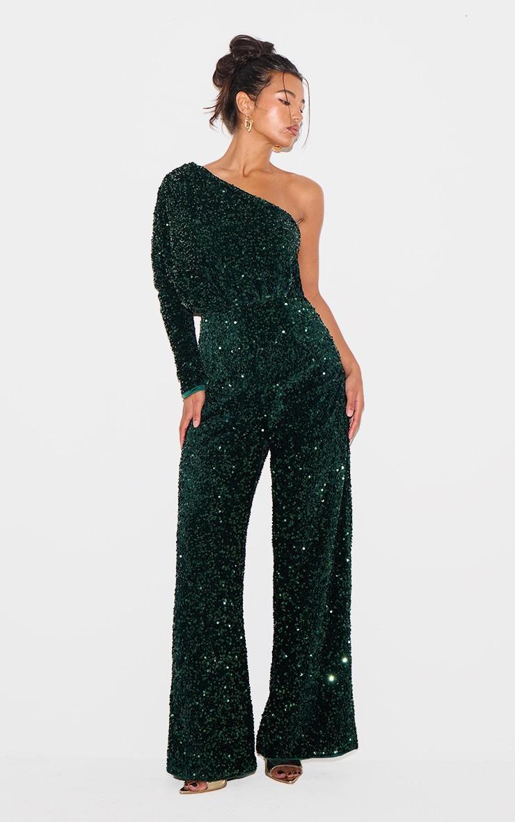 Emerald Green Velvet Sequin One Shoulder Wide Leg Jumpsuit Product Image