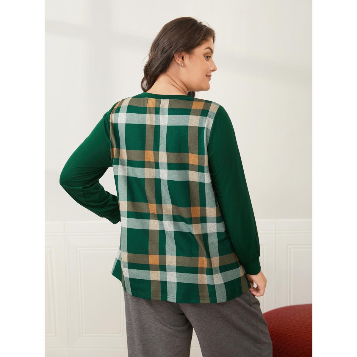 Plus Size Plaid Patchwork Solid Long-Sleeves Tee DarkGreen Women Casual Contrast Round Neck Everyday T-shirts BloomChic 30/6X Product Image