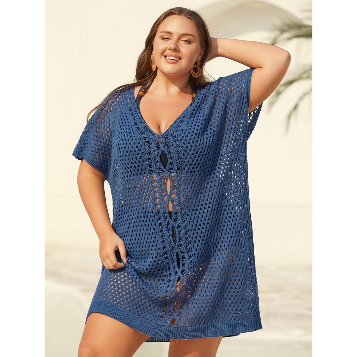 Plus Size Cut-Out Round Neck Swim Cover-Up Women's Swimwear Aegean Beach Loose Texture Curve Swim Cover Ups BloomChic 14-16/1X Product Image