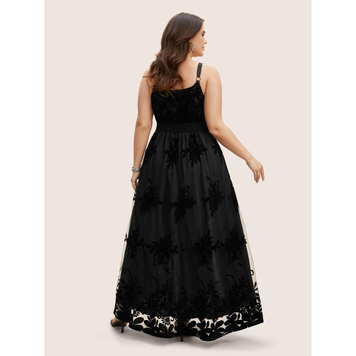 Plus Size Floral Flocked Tulle Split Hem Dress Black Women Formal Texture V-neck Sleeveless Curvy BloomChic 10/M Product Image