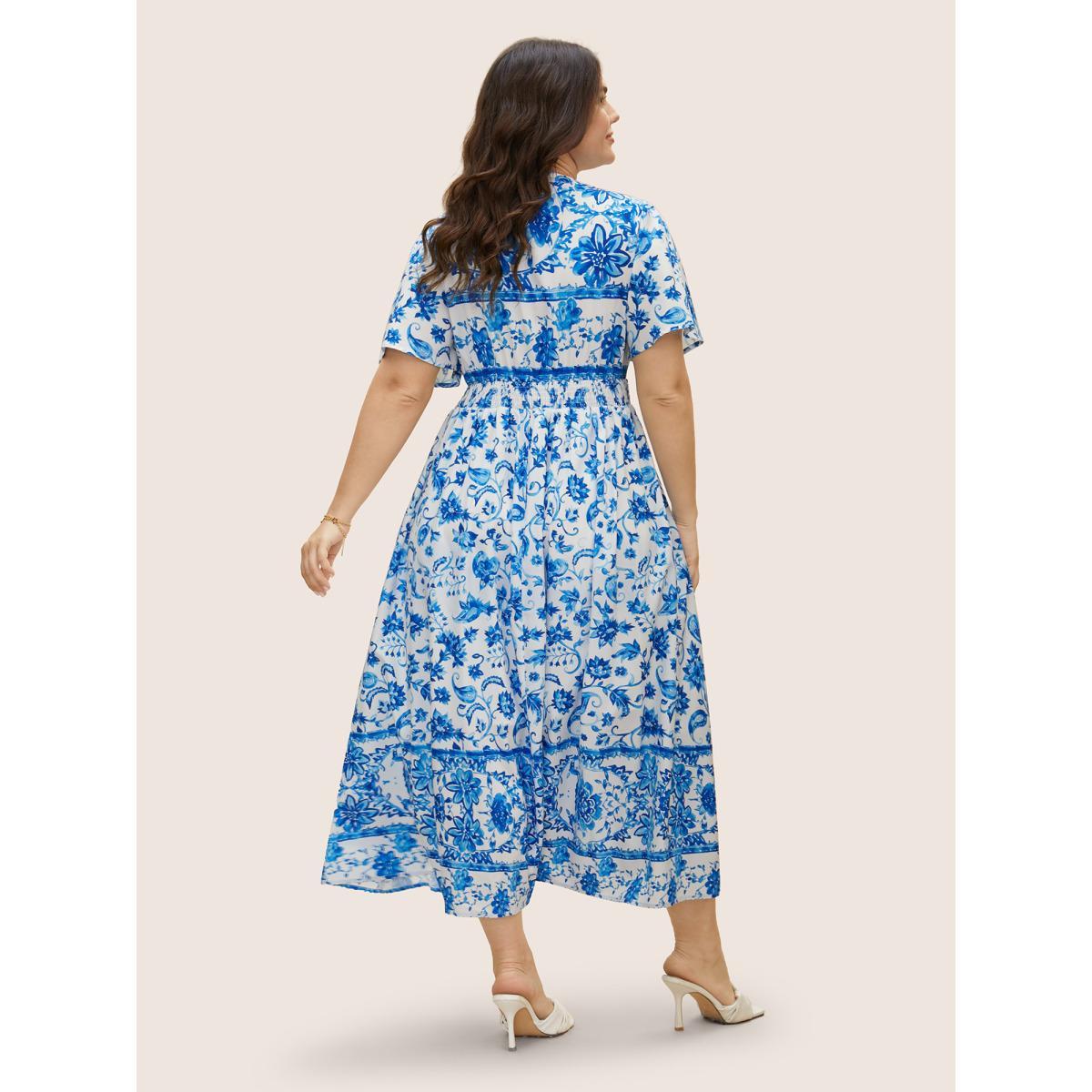 Plus Size Notched Collar Boho Print Shirred Dress Mediumblue Women Elegant Shirred Notched collar Short sleeve Curvy BloomChic 26/4X Product Image