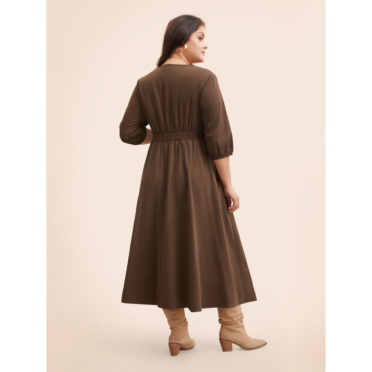 Plus Size V Neck Shirred Ruched Midi Dress DarkBrown Women Elegant Gathered V-neck Elbow-length sleeve Curvy BloomChic 14-16/1X Product Image