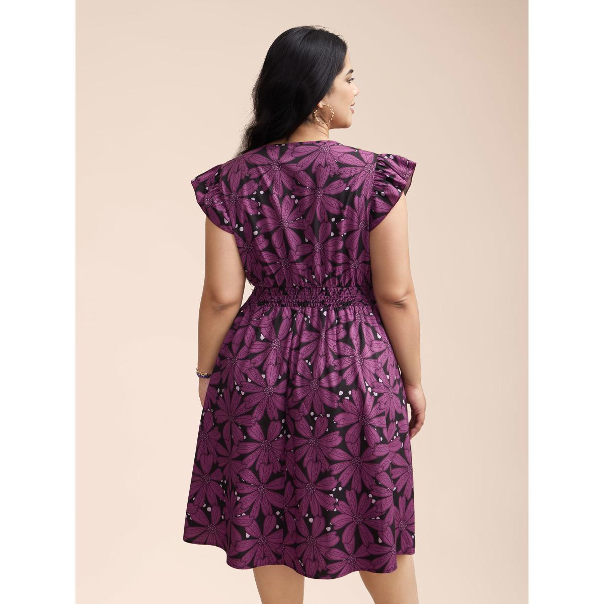 Plus Size Surplice Neck Floral Shirred Elastic Waist Midi Dress DarkViolet Women Elegant Shirred Overlap Collar Cap Sleeve Curvy BloomChic 10/M Product Image