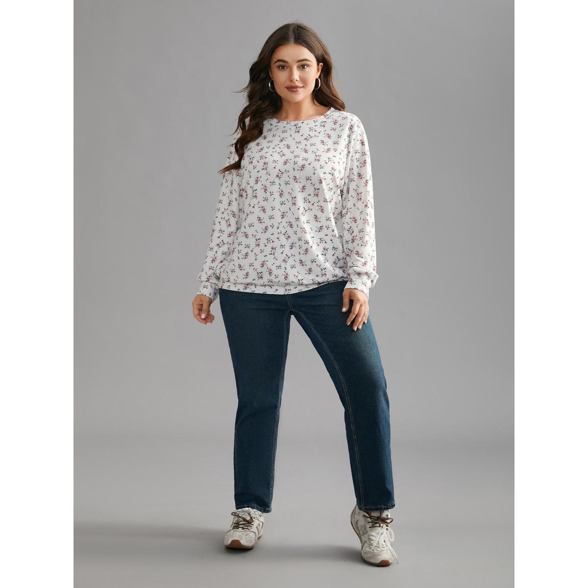 Plus Size Ditsy Floral Round Neck Sweatshirt Women Multicolor Casual Contrast Loose Round Neck Everyday Sweatshirts BloomChic 18-20/2X Product Image