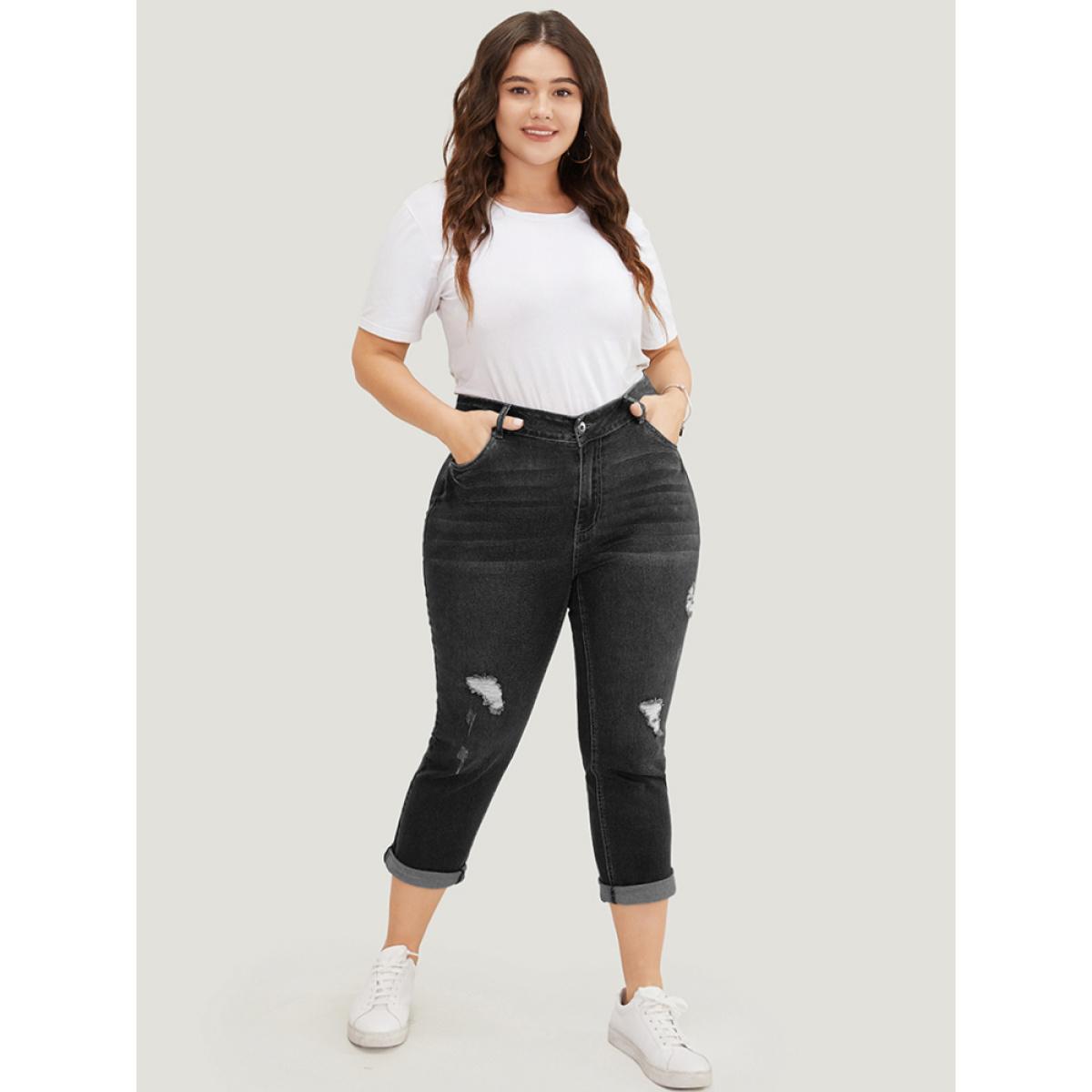 Plus Size Very Stretchy Dark Wash Roll Hem Cropped Jeans Women DarkGray Casual Plain Distressed High stretch Patch pocket Jeans BloomChic 18/2X Product Image