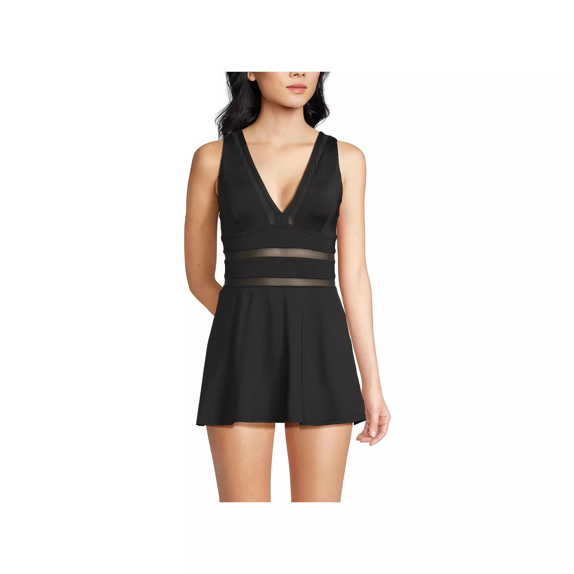 Women's Lands' End Mesh V-Neck Mini Swim Dress Swimsuit, Size: 14 LONG, Black Product Image