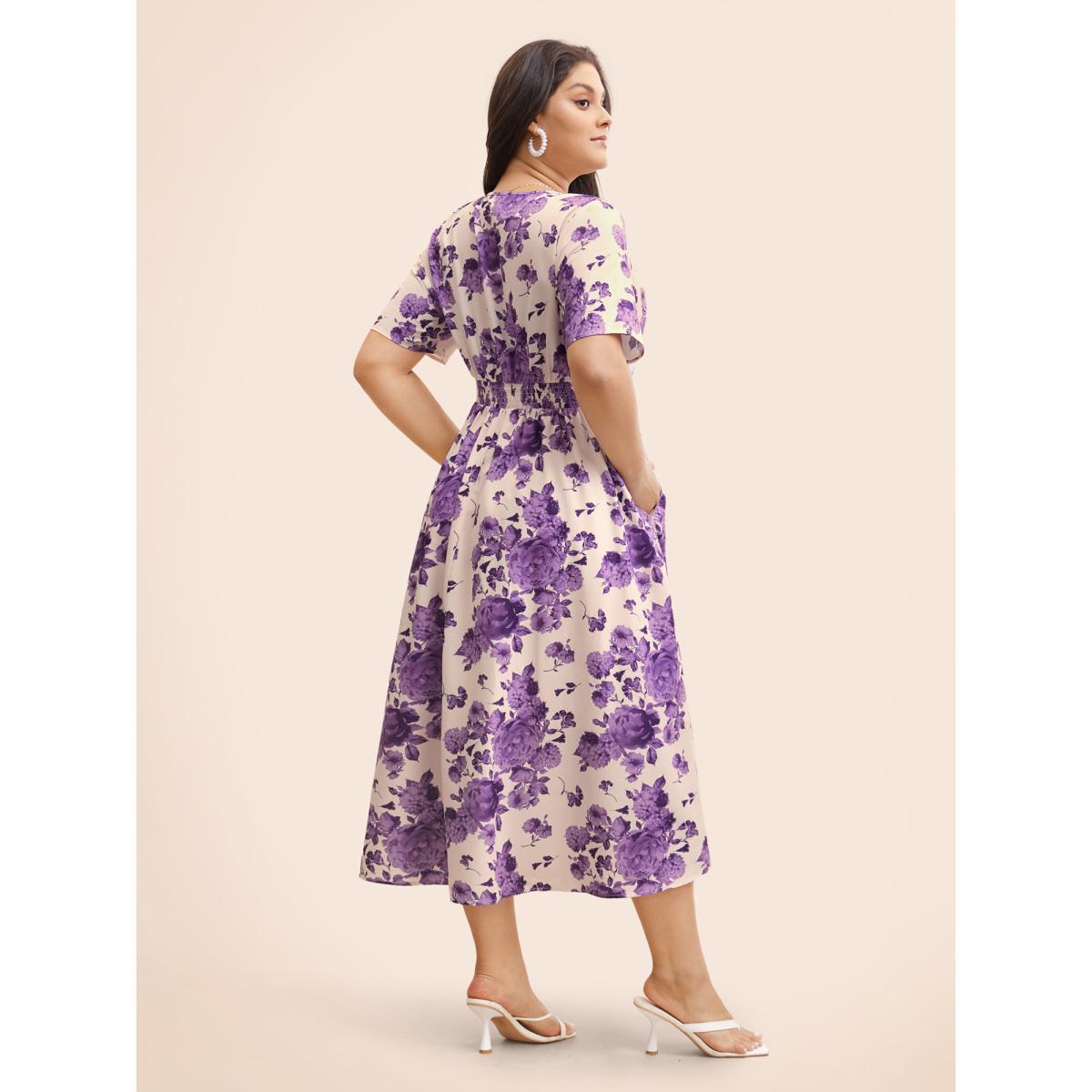 Plus Size Floral Print Split Side Shirred Dress BlueViolet Women Elegant Shirred V-neck Short sleeve Curvy BloomChic 14-16/1X Product Image