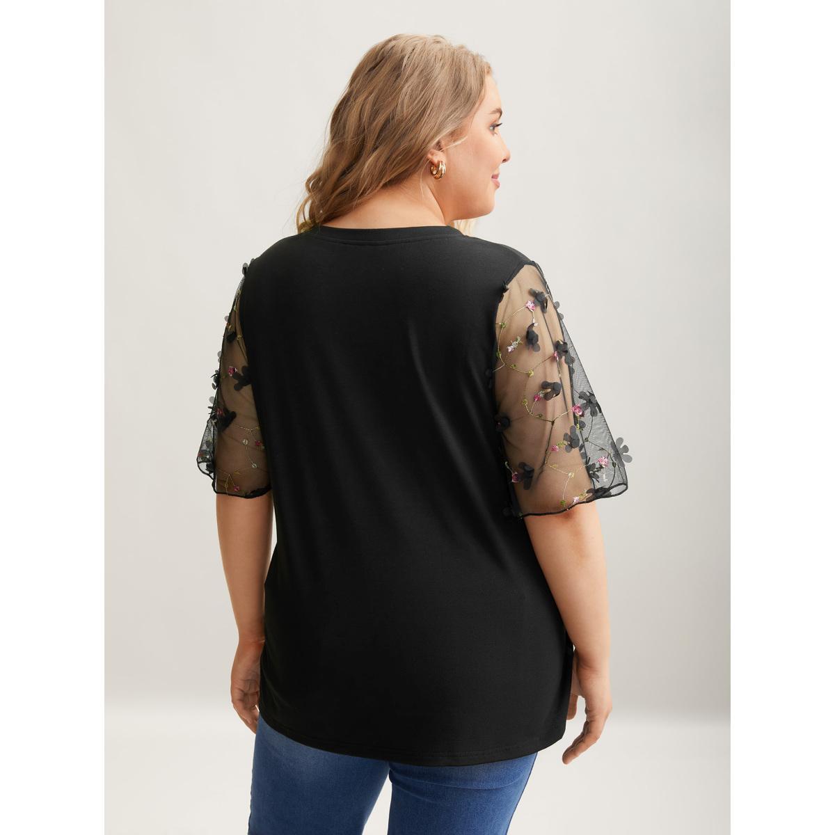 Plus Size Sheer Mesh Sleeve Stretchy T-Shirt Black Women Elegant See through V-neck Everyday T-shirts BloomChic 12/L Product Image