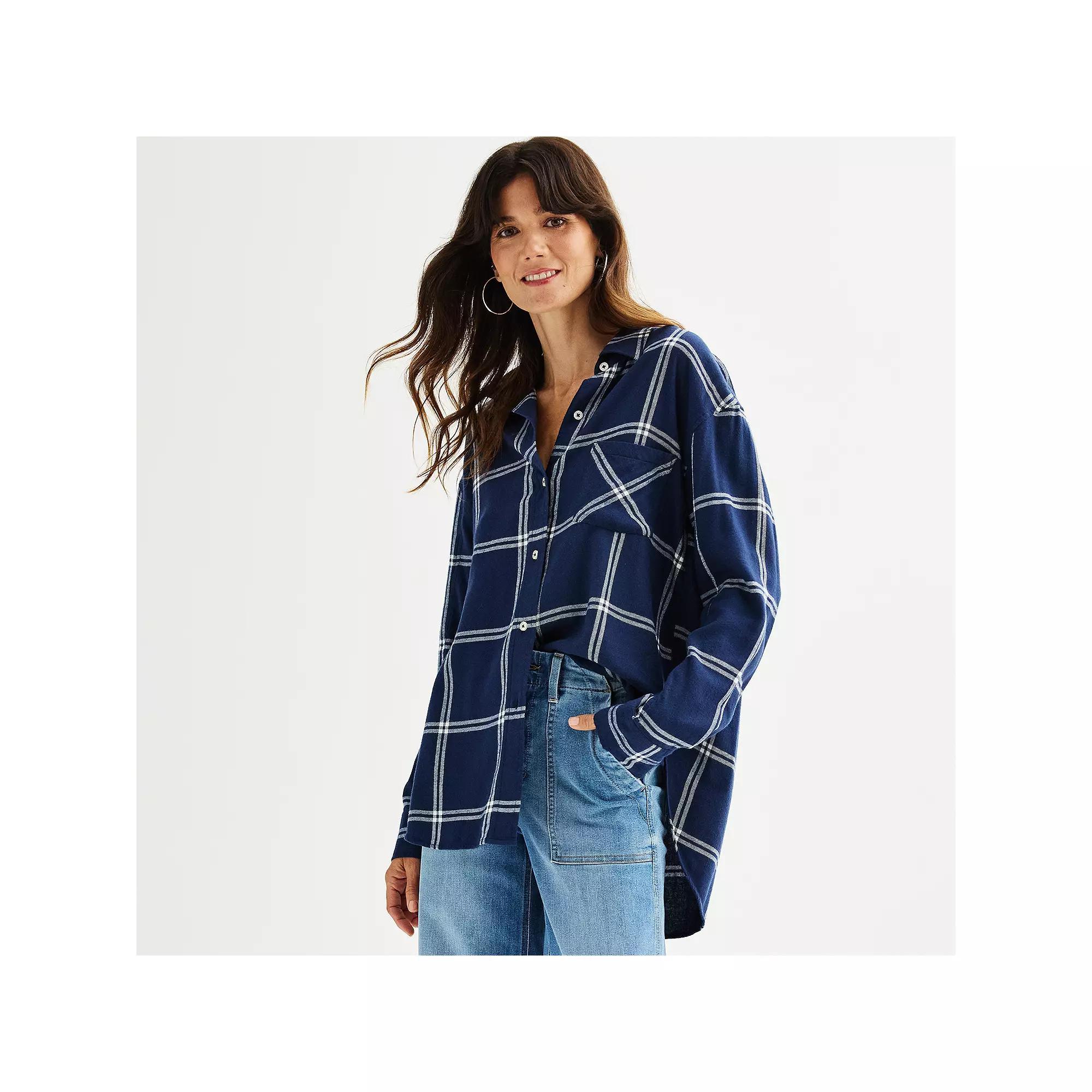 Petite Sonoma Goods For Life® Oversized Boyfriend Flannel, Women's, Size: Large Petite, Moss Green Plaid Product Image
