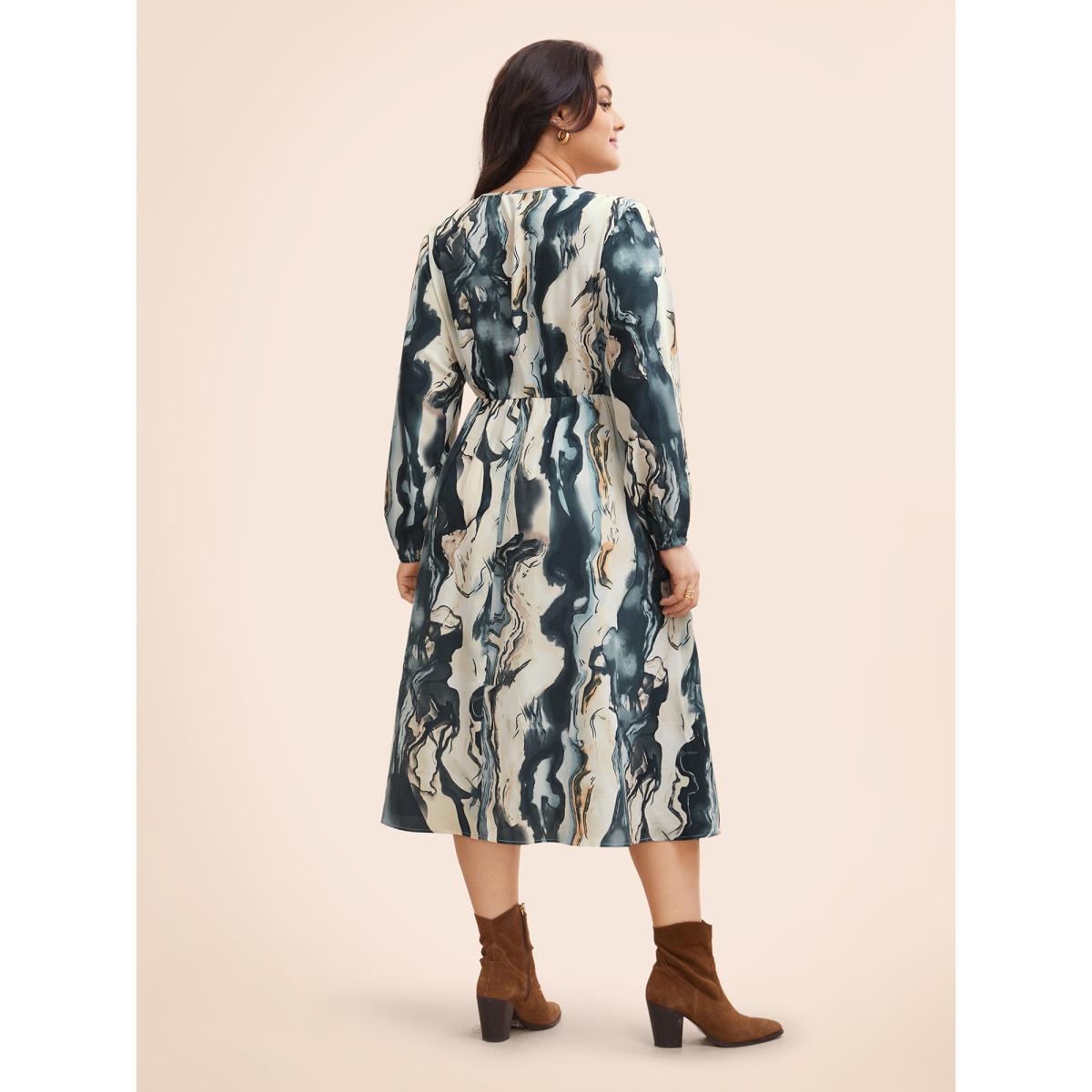 Plus Size Watercolor Floral Overlap Collar Midi Dress Aegean Women Elegant Gathered Overlap Collar Long Sleeve Curvy BloomChic 26/4X Product Image