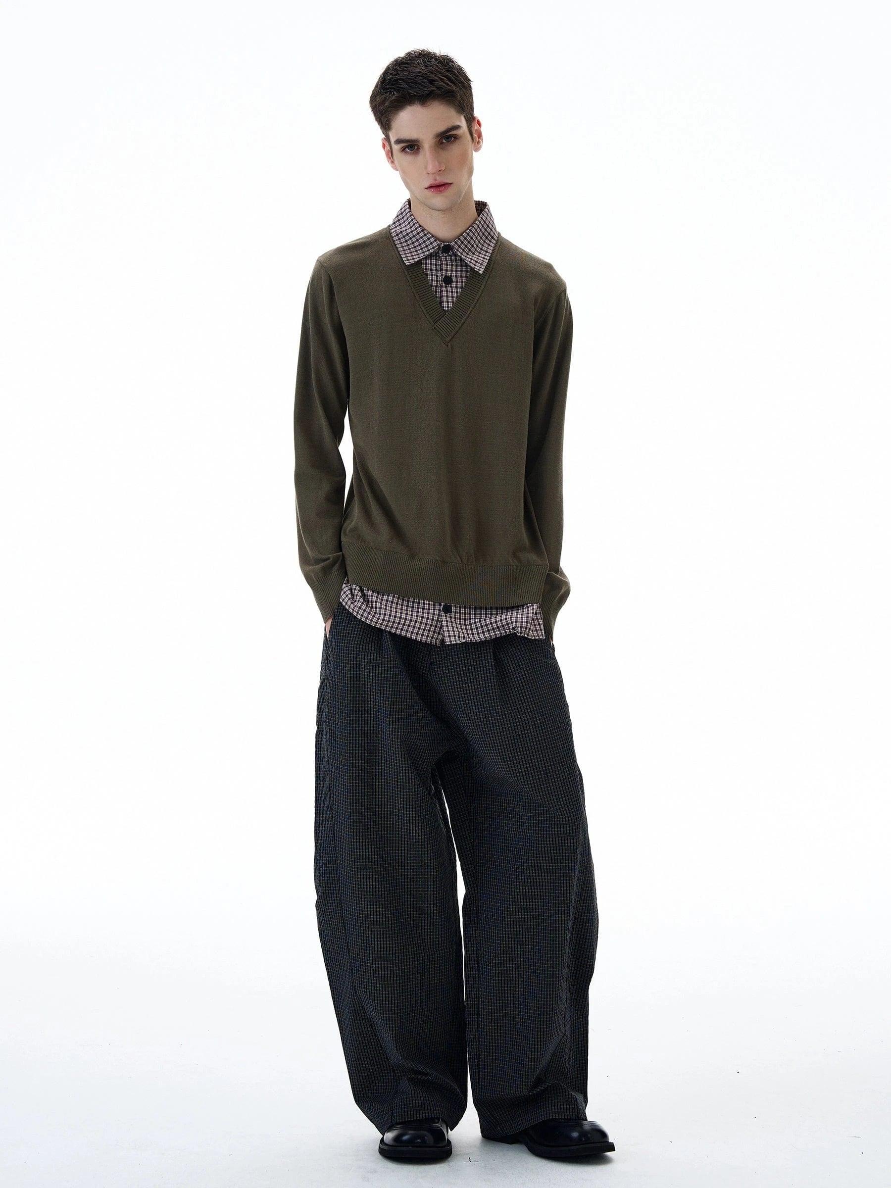 RT No. 20008 TWO PIECE BUTTON-UP SHIRT V-NECK SWEATER Product Image