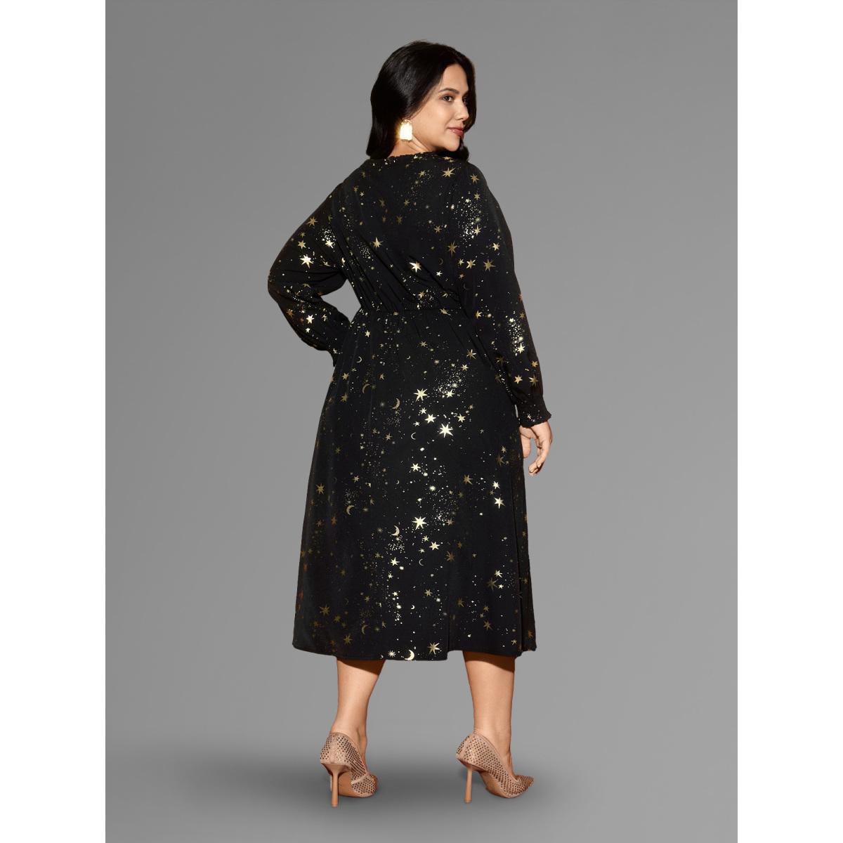 Plus Size Star Printed Lace Neckline Midi Dress Black Women Cocktail Frill Trim Party Curvy Bloomchic 12/L Product Image