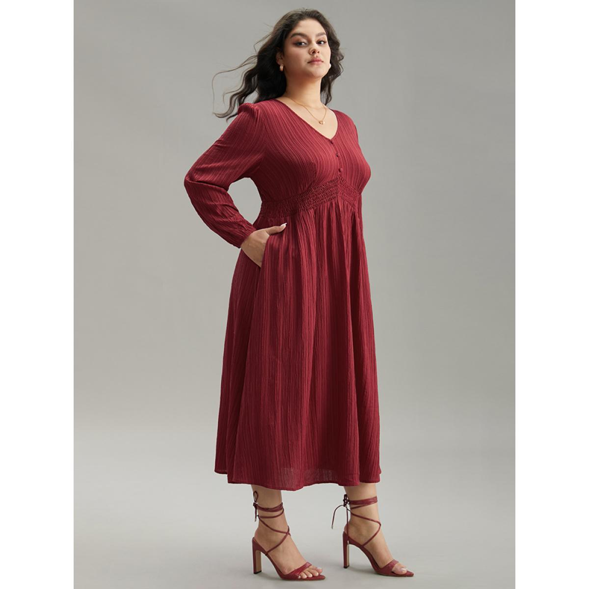 Plus Size Solid Plisse Button Detail Shirred Dress Scarlet Women Elegant Elastic cuffs V-neck Long Sleeve Curvy Midi Dress BloomChic 14-16/1X Product Image