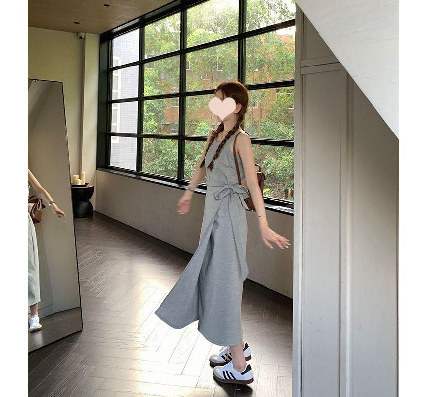 Wide Strap Plain Tie-Side Midi A-Line Wrap Dress Product Image