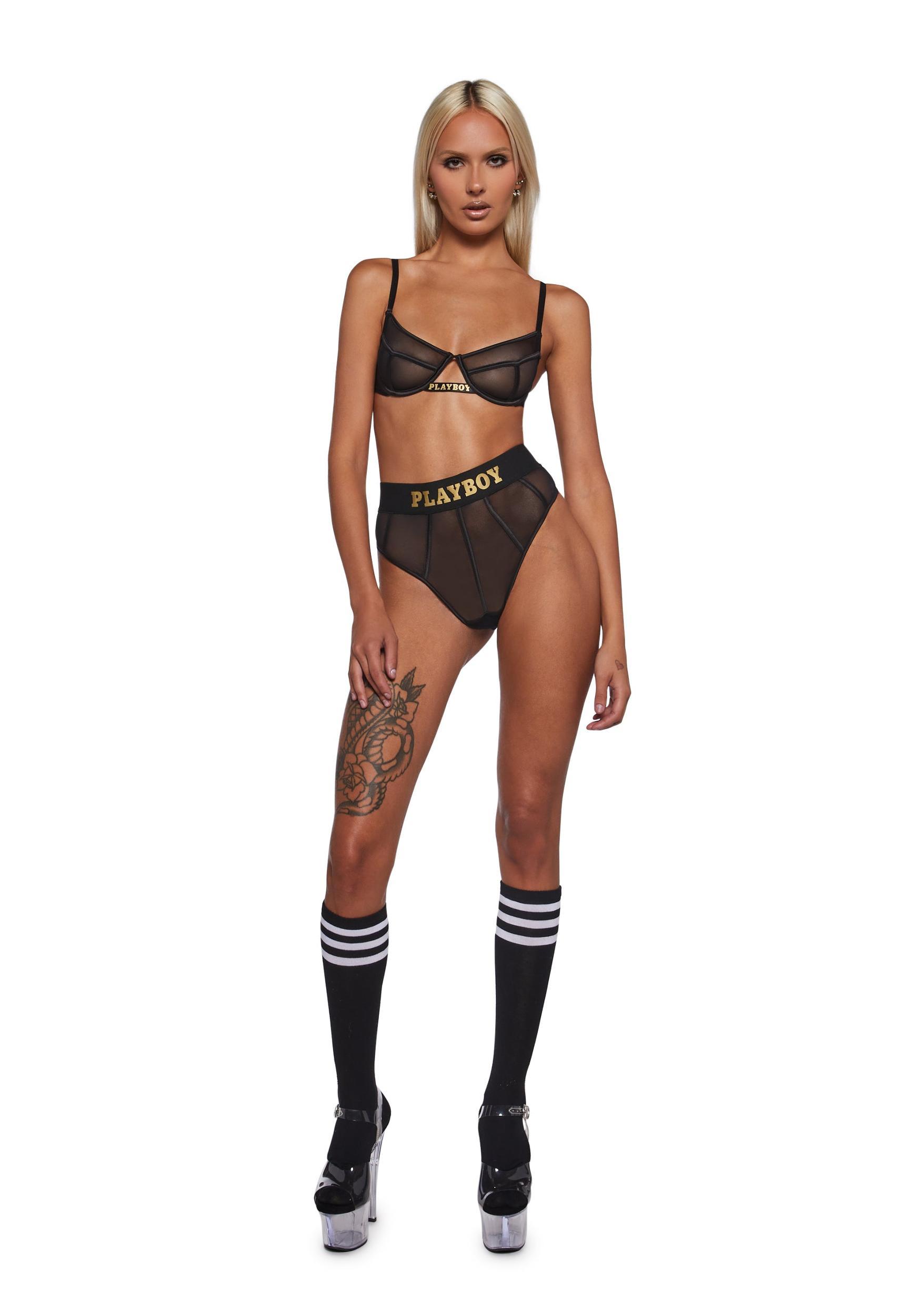 Womens Sexy Bra And Thong Playboy Cage 2-Piece Set - Black Product Image