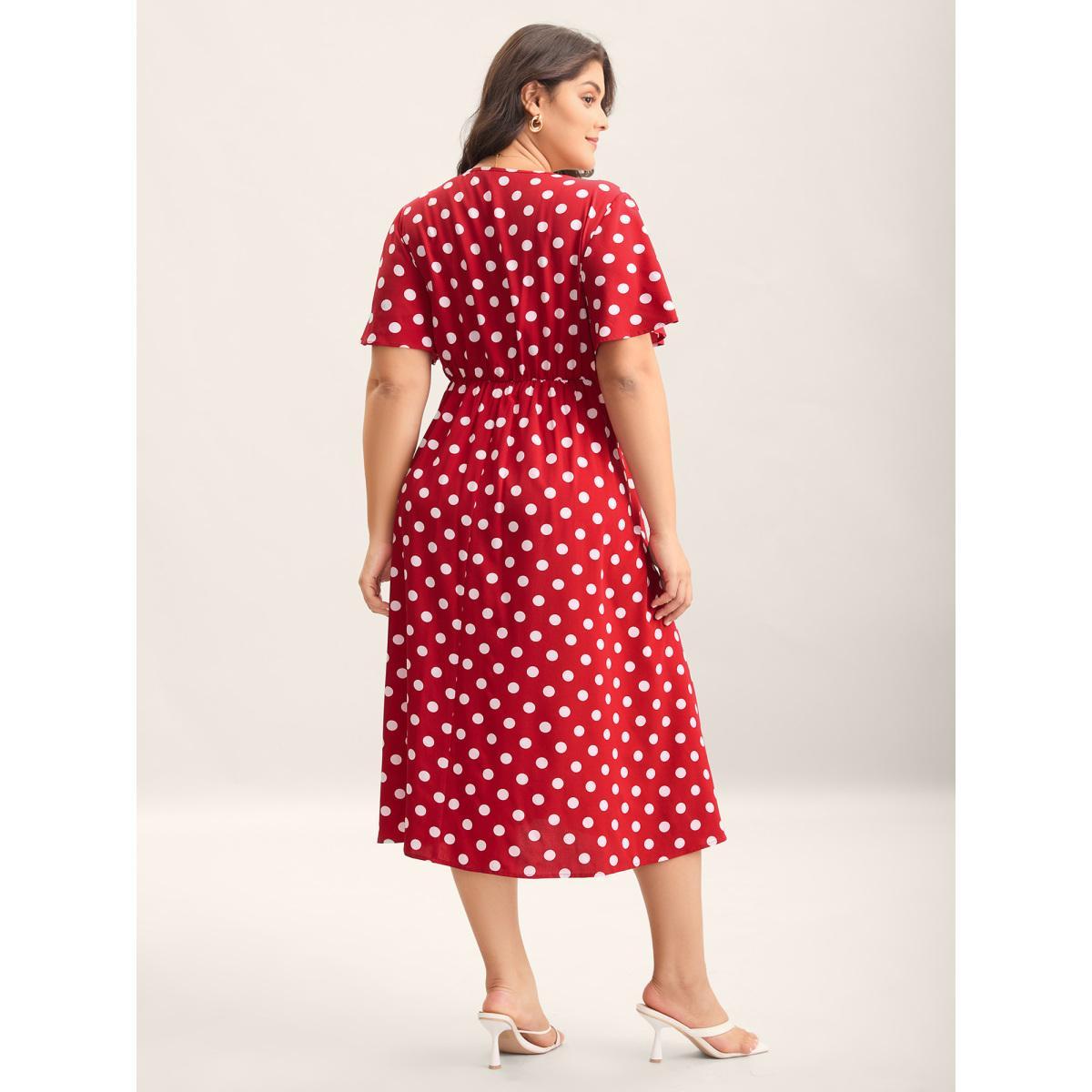 Plus Size Polka Dots Surplice Button Detail Midi Dress Burgundy Women Overlap Collar Short sleeve Curvy BloomChic 28/5X Product Image
