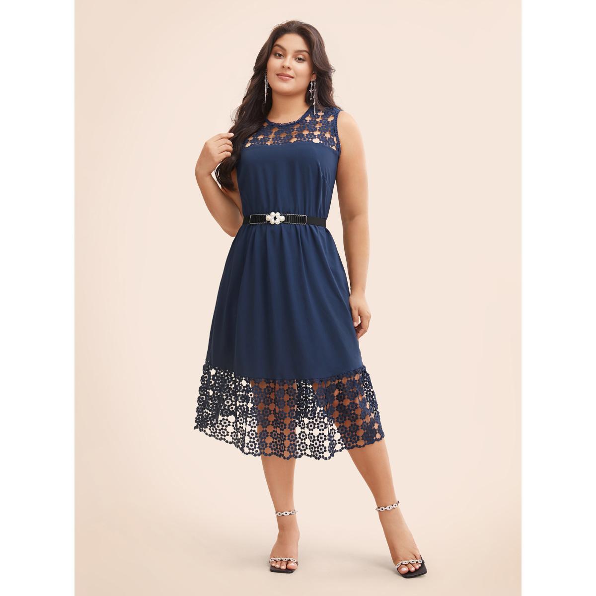Plus Size Lace Panel Elastic Waist Sleeveless Dress DarkBlue Women Formal Woven ribbon&lace trim Party Curvy Bloomchic 22-24/3X Product Image