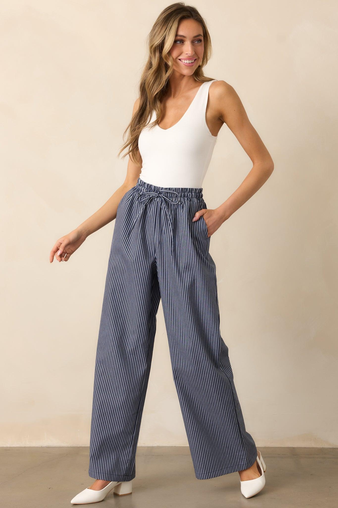 Stay For A While Navy Stripe Drawstring Pants Product Image