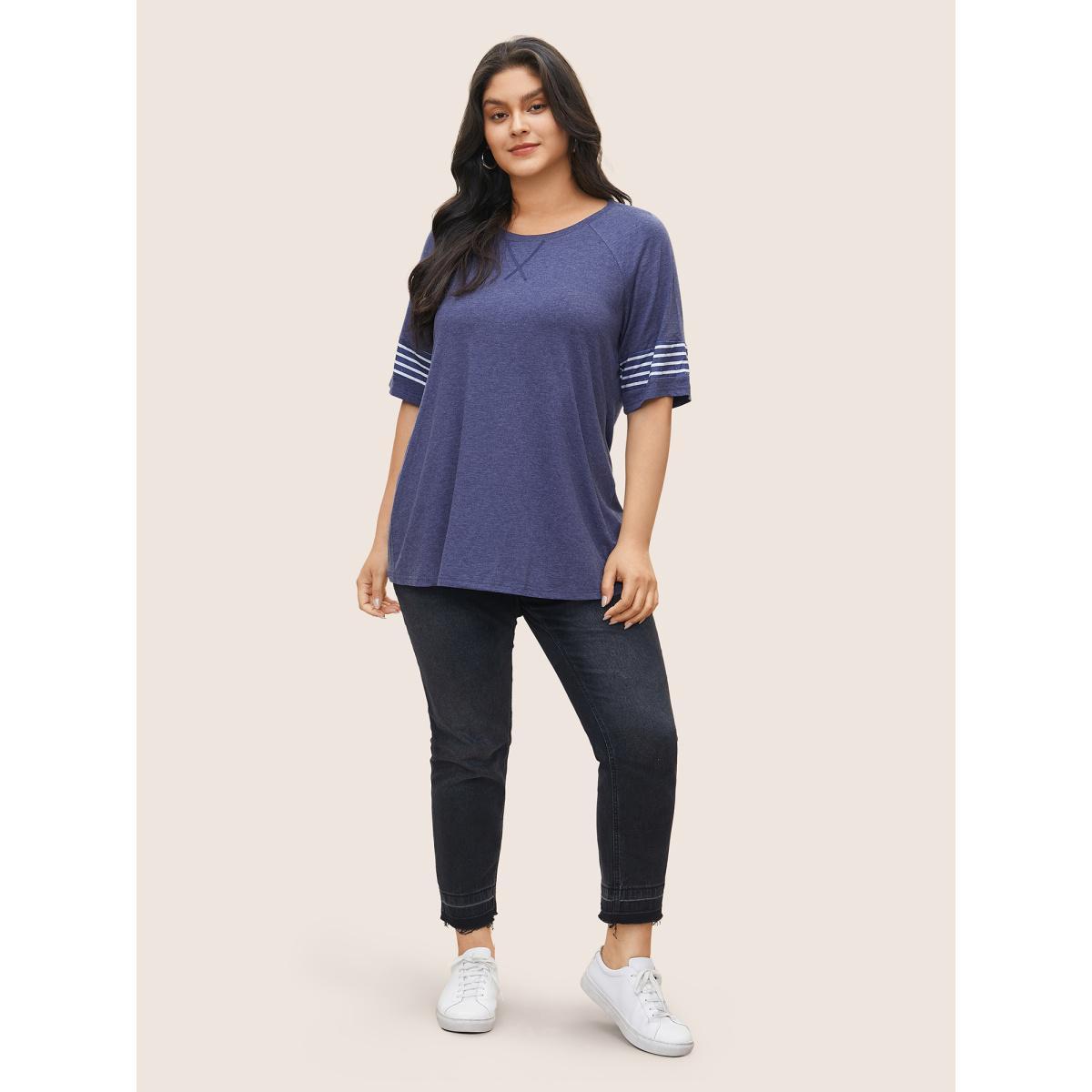 Plus Size Striped Contrast Raglan Sleeve Crew Neck T-shirt Indigo Women Casual Plain Everyday T-shirts BloomChic 30/6X Product Image