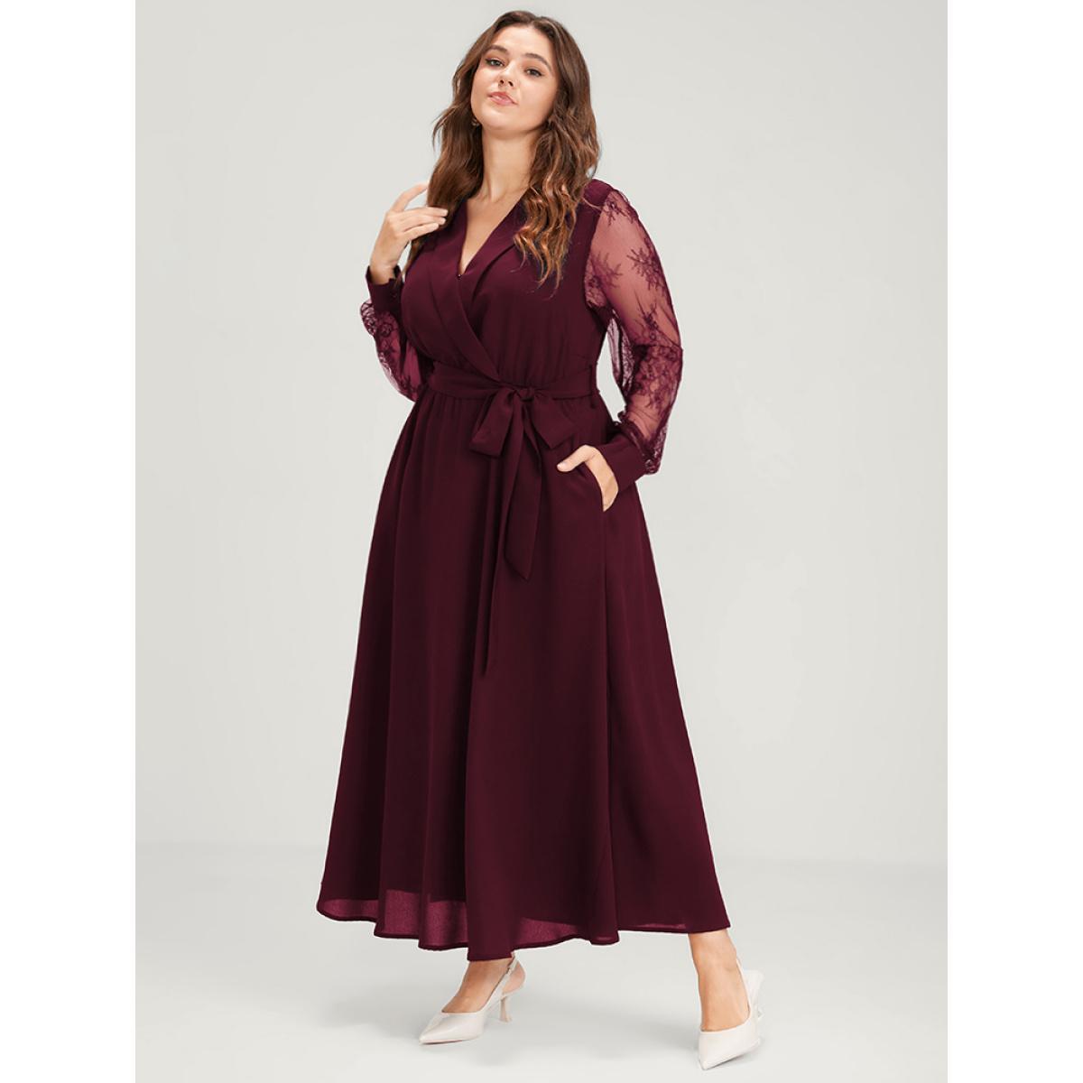 Plus Size Solid Lace Lantern Sleeve Button Lapel Collar Belted Maxi Dress Burgundy Women Elegant Cross straps Lapel Collar Long Sleeve Curvy Long Dress BloomChic 28/5X Product Image