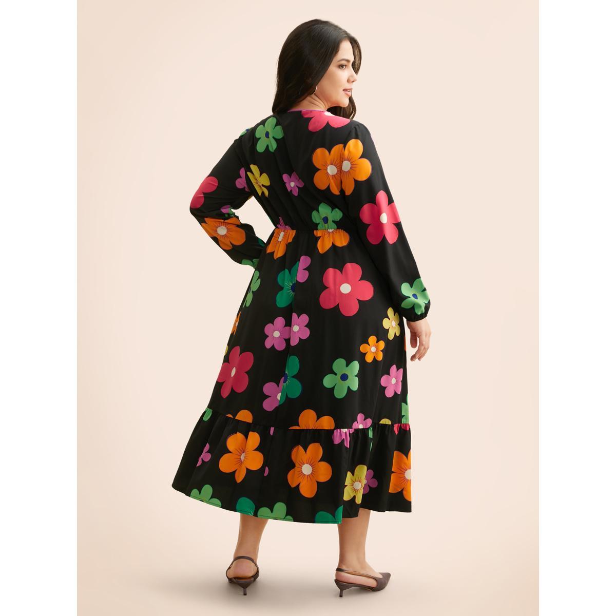 Plus Size Colored Floral Tie Knot Midi Dress Black Women Casual Tie knot Round Neck Long Sleeve Curvy BloomChic 14-16/1X Product Image