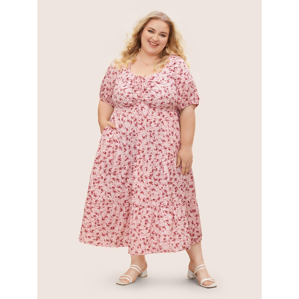 Plus Size Ditsy Floral Ruffle Tiered Pocket Ruched Puff Sleeve Drawstring Dress Watermelon Women Elegant Non Square Neck Short sleeve Curvy BloomChic 10/M Product Image