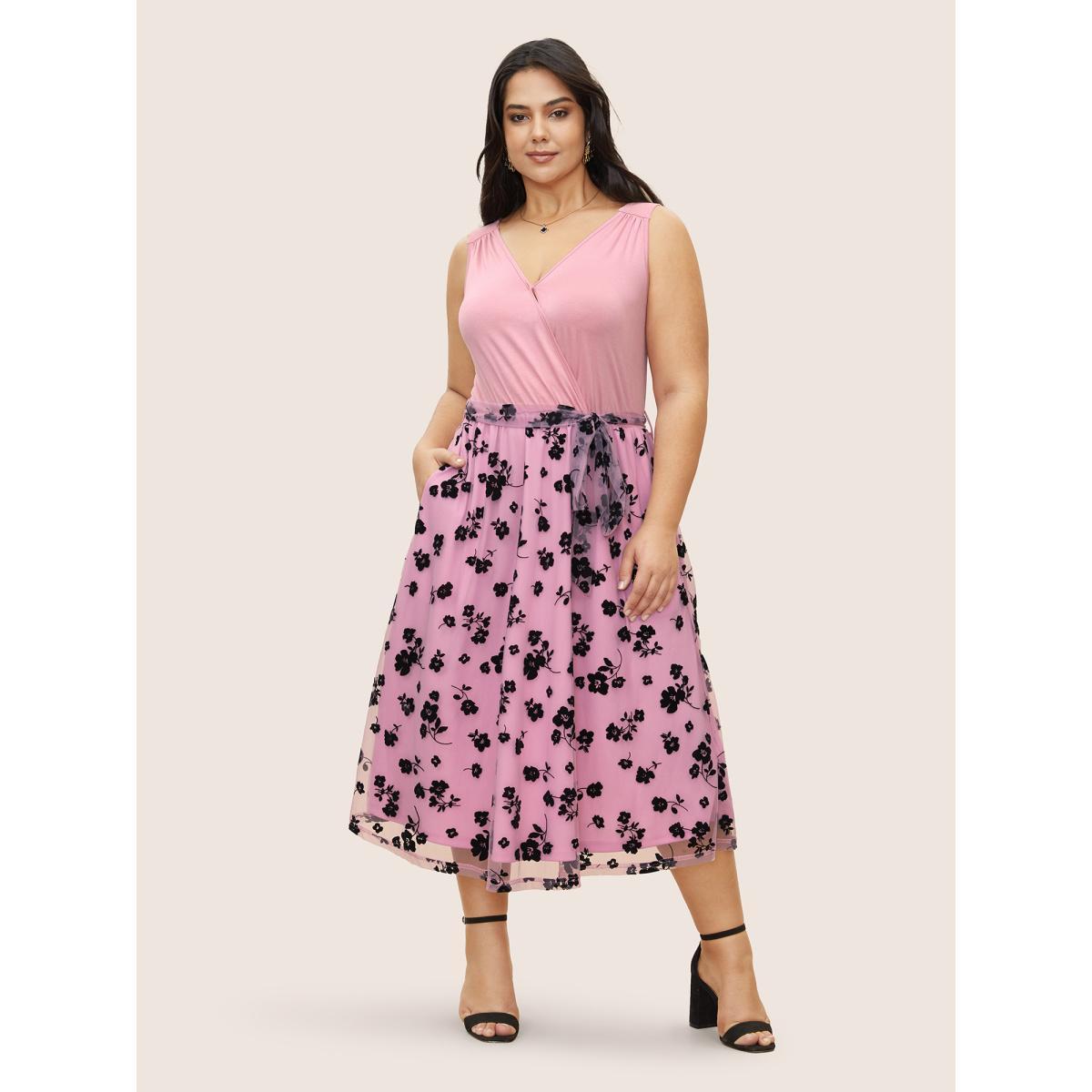 Plus Size Floral Mesh Patchwork Surplice Neck Tank Dress Pink Women Cocktail Non Overlap Collar Sleeveless Curvy Midi Dress BloomChic 30/6X Product Image