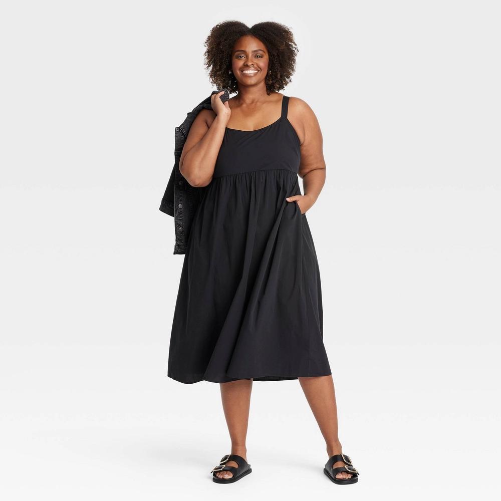 Womens Midi Empire Waist Dress - Ava & Viv Black 3X: Cotton Spandex Blend, Adjustable Straps, Side Pockets, Scoopneck Product Image