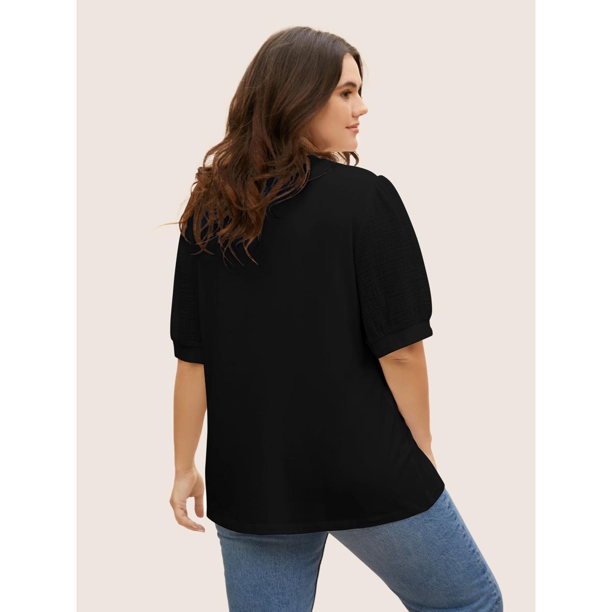 Plus Size Plain Textured Patchwork Lantern Sleeve T-Shirt Black Women Casual Texture Round Neck Everyday T-shirts BloomChic 30/6X Product Image