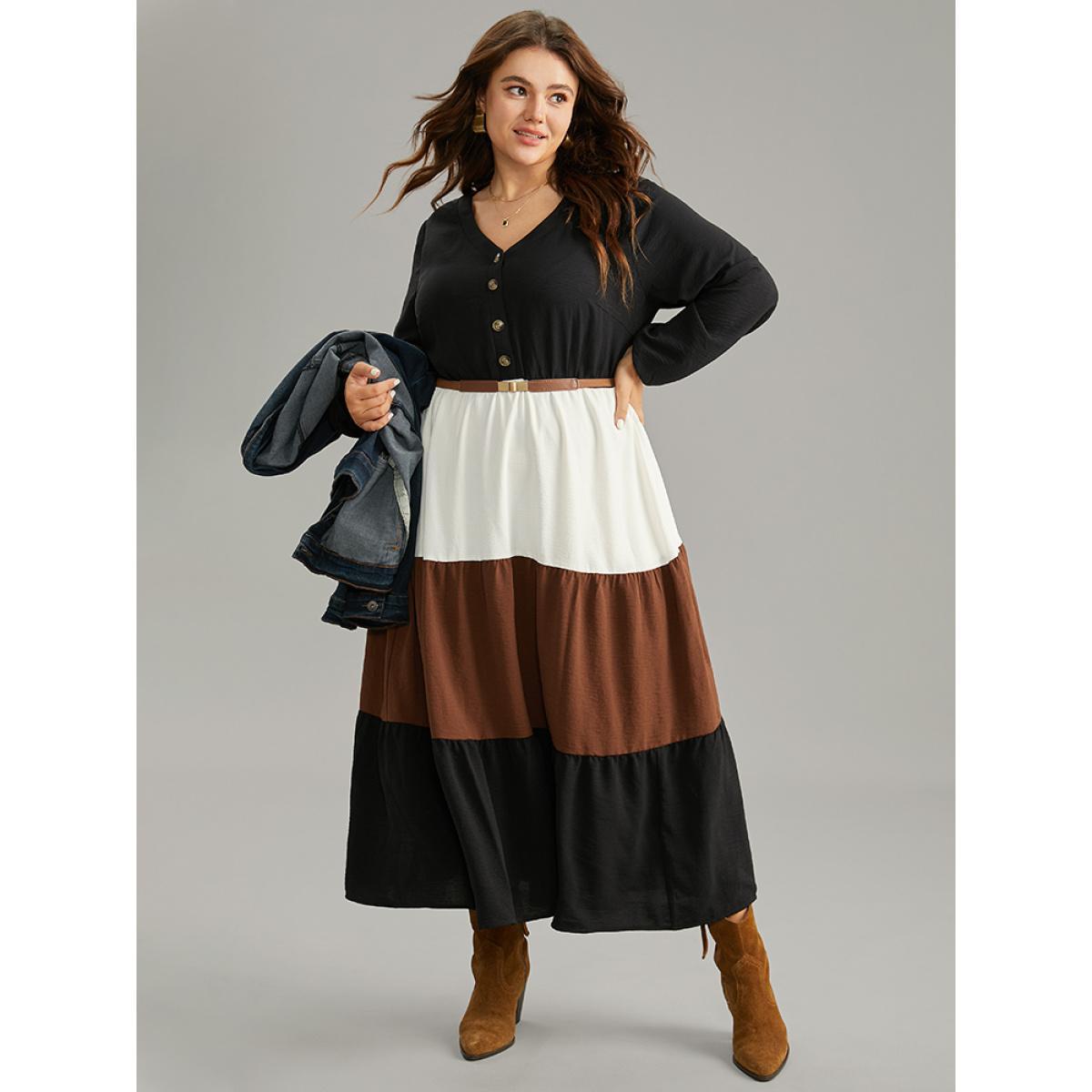 Plus Size Colorblock Patchwork Lantern Sleeve Button Detail Dress Black Women Elegant Elastic cuffs V-neck Long Sleeve Curvy Midi Dress BloomChic 12/L Product Image