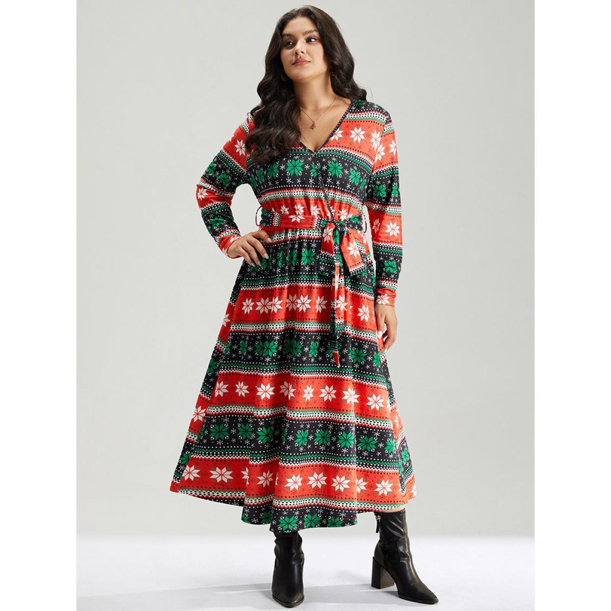 Plus Size Snowflake Print Contrast Belted Surplice Neck Dress Multicolor Women Elegant Wrap Overlap Collar Long Sleeve Curvy Midi Dress BloomChic 18-20/2X Product Image