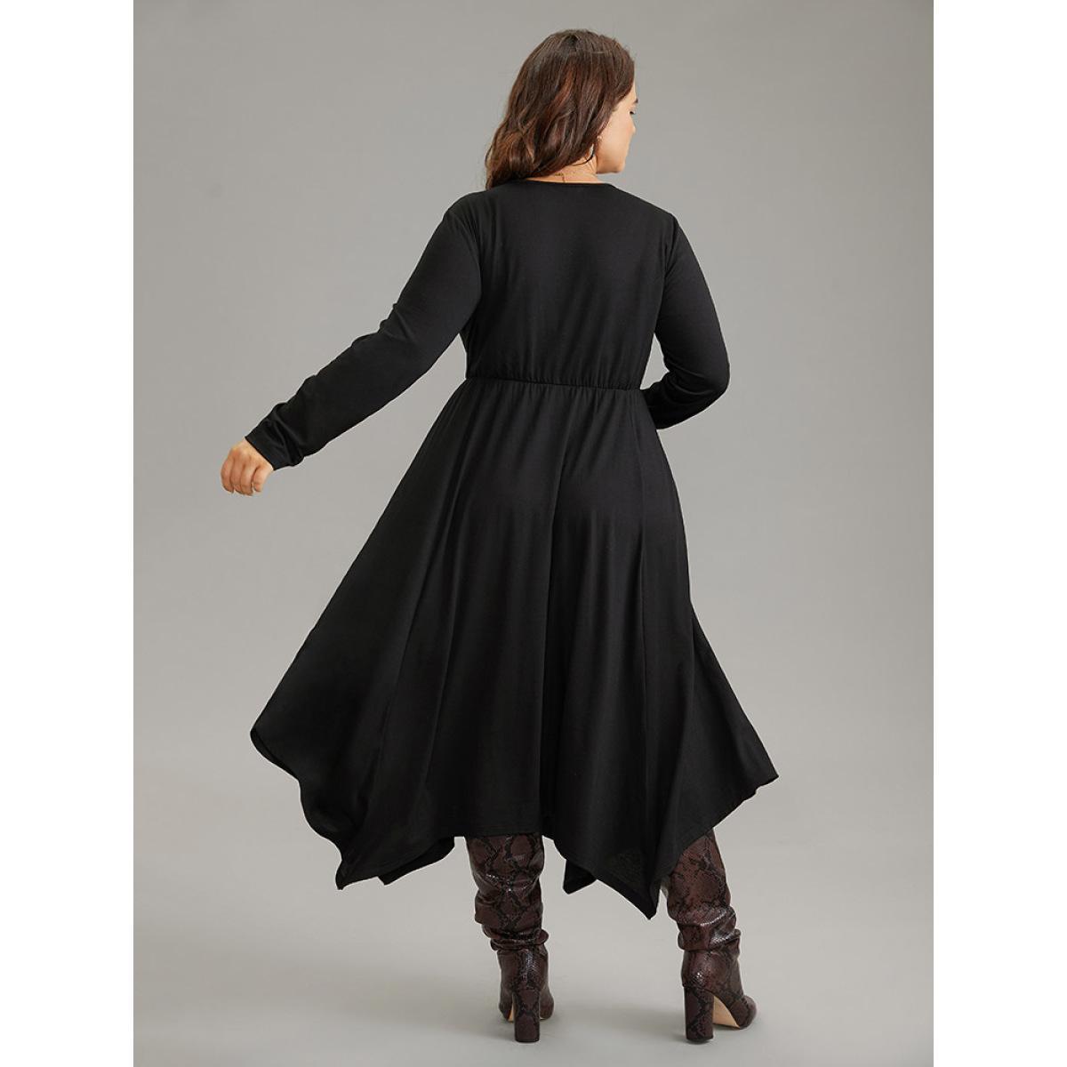 Plus Size Supersoft Essentials Button Detail Hanky Hem Scoop Neck Dress Black Women Office Gathered Scoop Neck Long Sleeve Curvy Midi Dress BloomChic 26/4X Product Image
