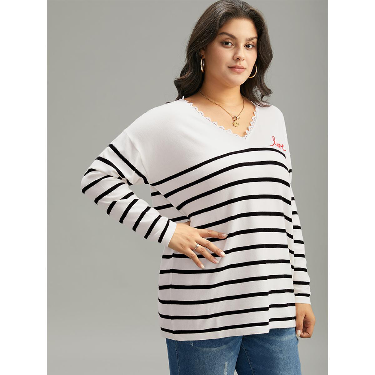 Plus Size Supersoft Essentials Striped Letter Embroidered Lace Panel Pullover Beige Women Casual Loose Long Sleeve V-neck Dailywear Pullovers BloomChic 28/5X Product Image