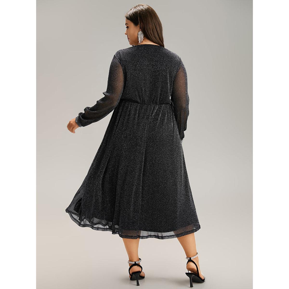 Plus Size Lurex Patchwork Mesh Elastic Waist Dress Black Women Glamour See through V-neck Long Sleeve Curvy Midi Dress BloomChic 26/4X Product Image