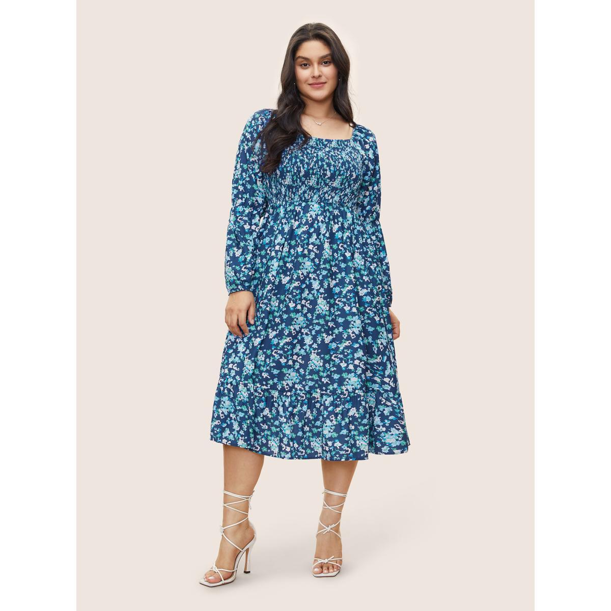 Plus Size Square Neck Ditsy Floral Shirred Elastic Waist Dress Aegean Women Elegant Non Square Neck Long Sleeve Curvy Midi Dress BloomChic 26/4X Product Image