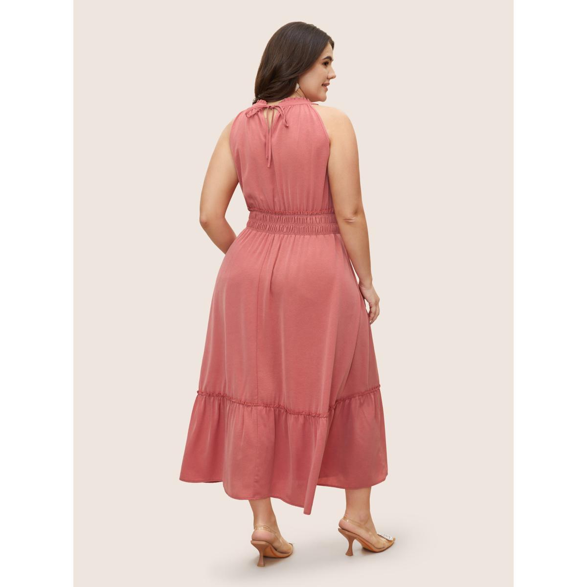 Plus Size Halter Neck Shirred Frill Trim Gathered Dress Watermelon Women Formal Gathered Halter neck Sleeveless Curvy Midi Dress BloomChic 22-24/3X Product Image