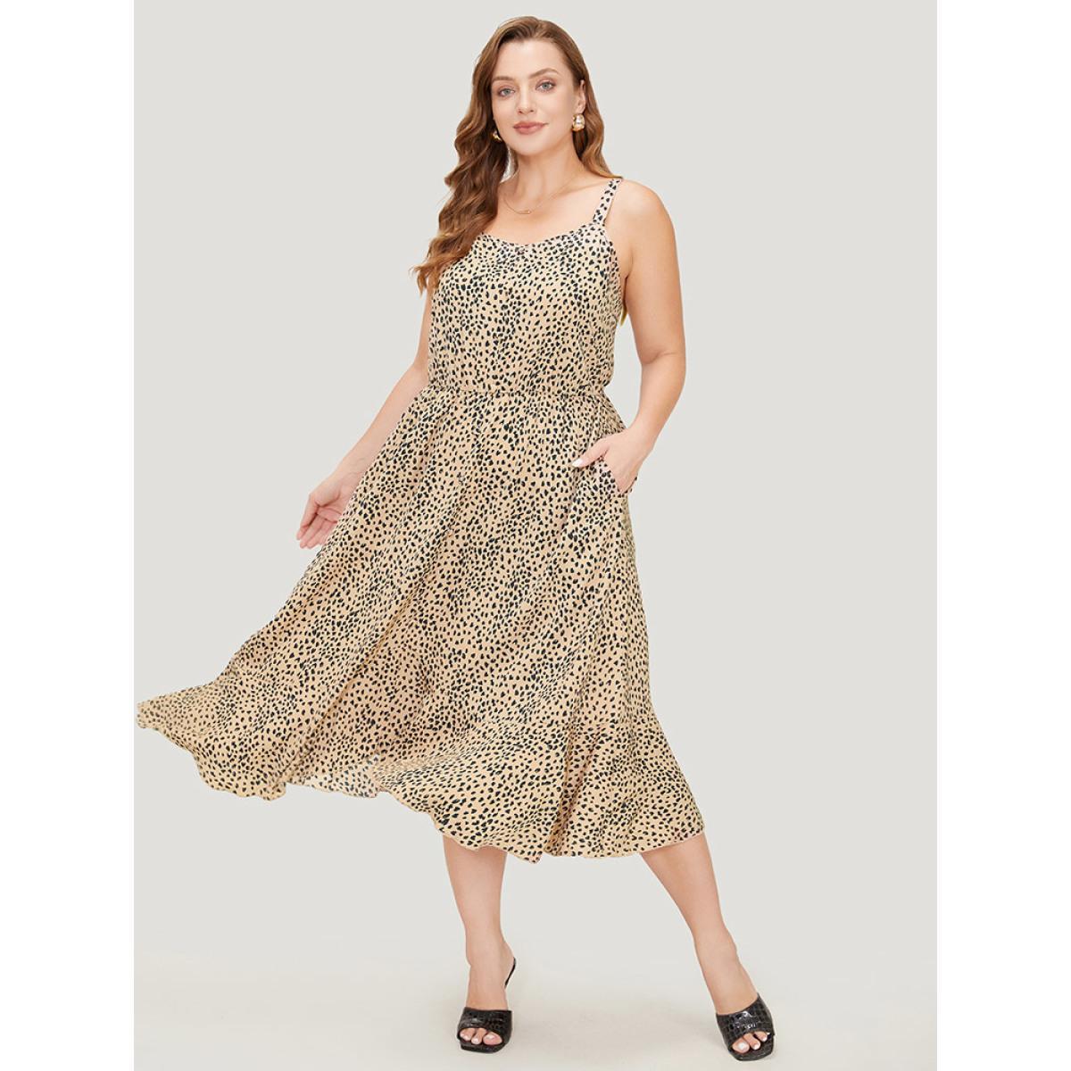 Plus Size Leopard Print Flutter Hem Pocket Adjustable Straps Cami Dress Multicolor Women Elegant Adjustable Straps V-neck Sleeveless Curvy Midi Dress BloomChic 30/6X Product Image