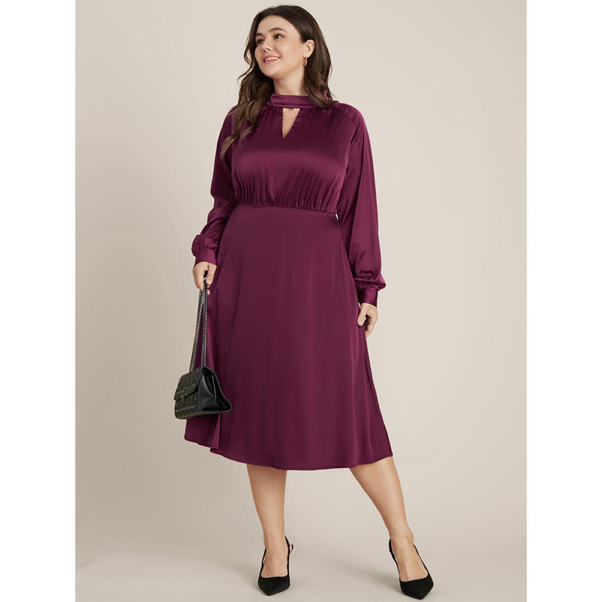Plus Size Solid Pocket Keyhole Mock Neck Satin Midi Dress RedViolet Women Party Pocket Mock Neck Long Sleeve Curvy Midi Dress BloomChic 12/L Product Image