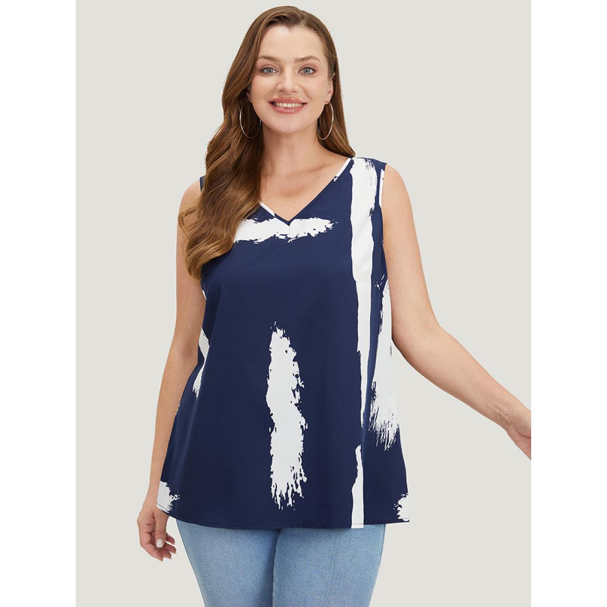 Plus Size Brush Print V Neck Tank Top Women Navy Casual V-neck Dailywear Tank Tops Camis BloomChic 22-24/3X Product Image