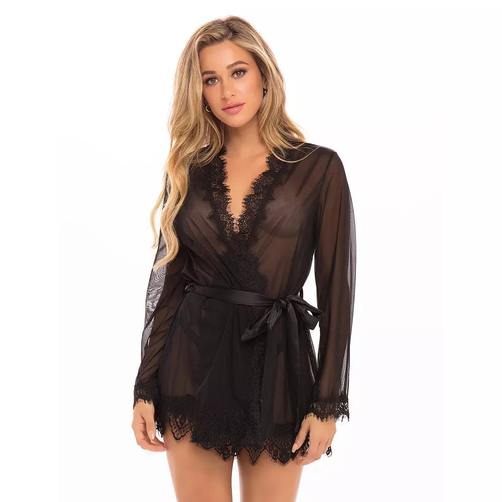 Oh La La Cheri Provence Eyelash Lace Robe & G-String Set 94-11136, Women's, Size: Small-Medium, Black Product Image