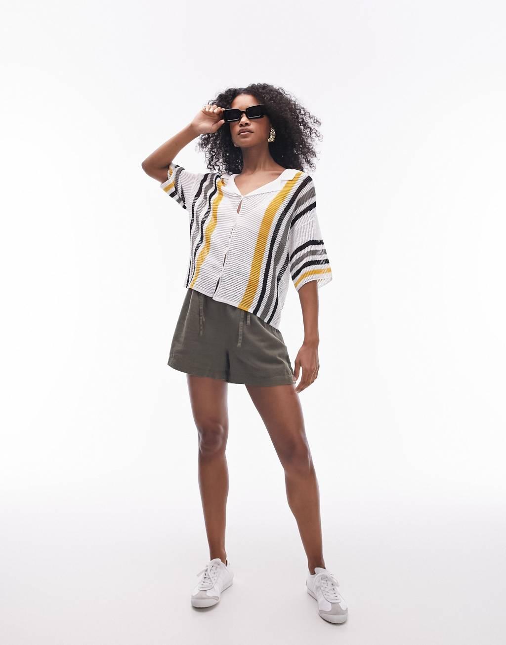 Topshop knitted open stitch stripe polo shirt Product Image