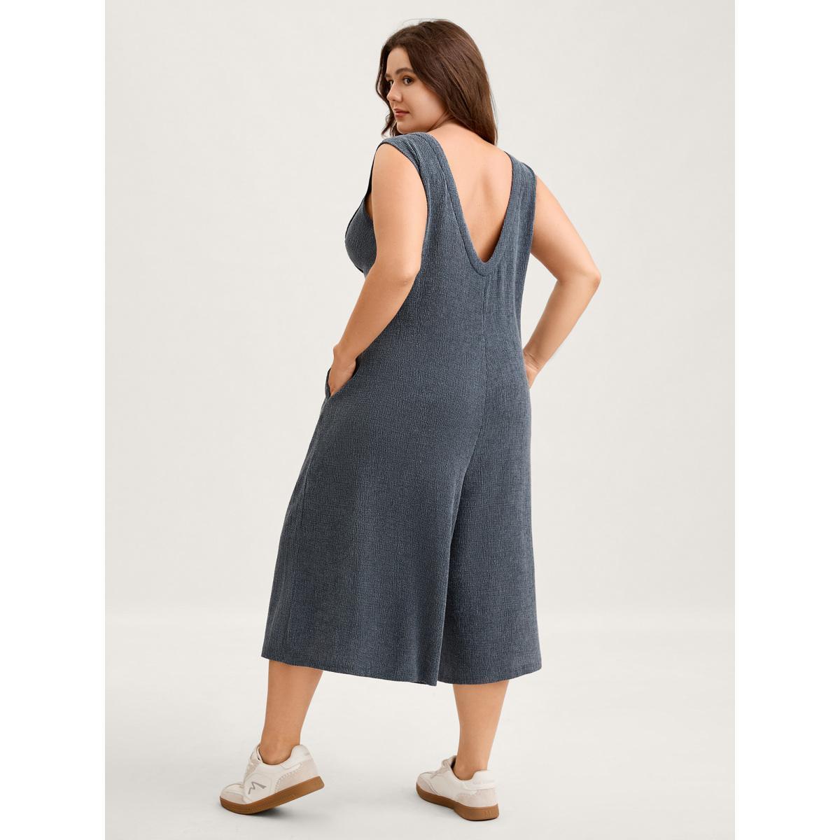 Plus Size Stone Stretchy Textured Pleated Wide-Leg Jumpsuit Women Sleeveless V-neck Everyday-Casual Loose Jumpsuits BloomChic 30/6X Product Image